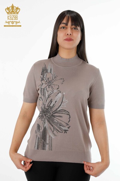 Toptan Bayan Triko Çiçek Desenli Amerikan Model Taşlı - 16693 | KAZEE - Thumbnail