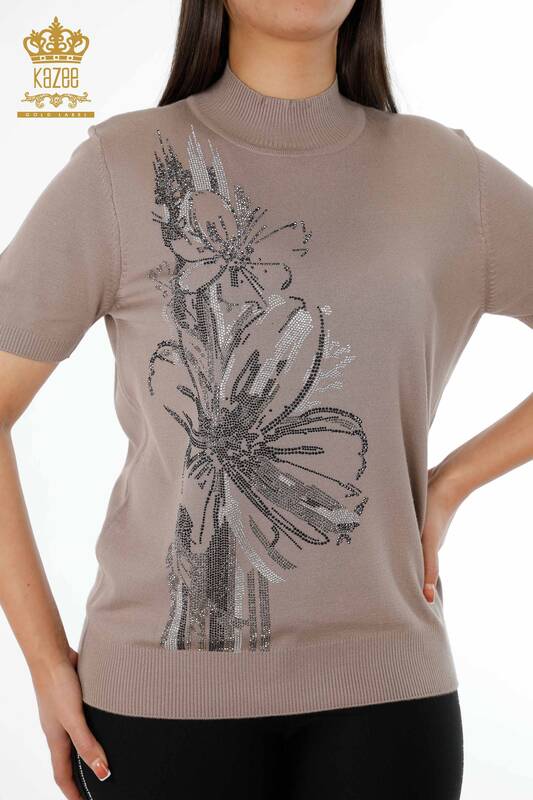 Toptan Bayan Triko Çiçek Desenli Amerikan Model Taşlı - 16693 | KAZEE