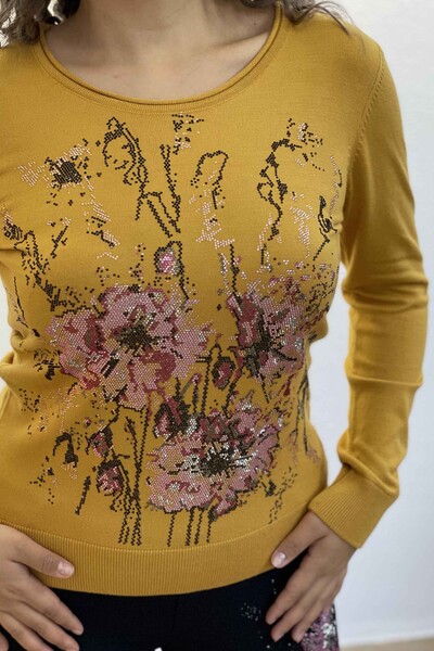Toptan Bayan Triko Kazak Çiçek Desenli Nakışlı Taşlı - 16652 KAZEE - Thumbnail