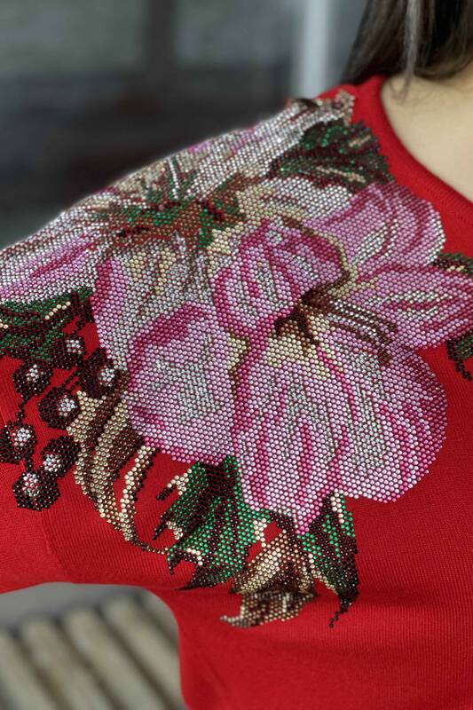 Toptan Bayan Triko Kazak Çiçek Detaylı Nakış İşlemeli -16596 | KAZEE