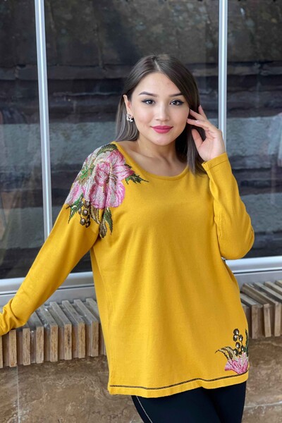 Toptan Bayan Triko Kazak Çiçek Detaylı Nakış İşlemeli -16596 | KAZEE - Thumbnail