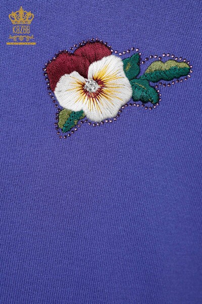 Toptan Bayan Triko Kazak Çiçek İşlemeli Kristal Taş İşlemeli - 16689 | KAZEE - Thumbnail (2)