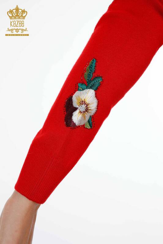 Toptan Bayan Triko Kazak Çiçek İşlemeli Kristal Taş İşlemeli - 16689 | KAZEE