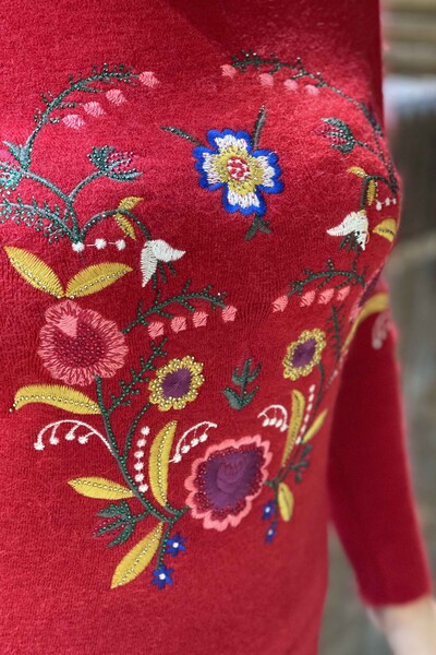 Toptan Bayan Triko Kazak Dik Yaka Çiçekli Angora - 18868 | KAZEE - Thumbnail