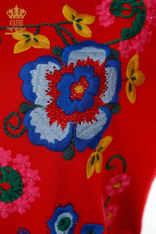 Toptan Bayan Triko Kol Detaylı Çiçek İşlemeli Kısa Kol Taşlı - 16752 | KAZEE