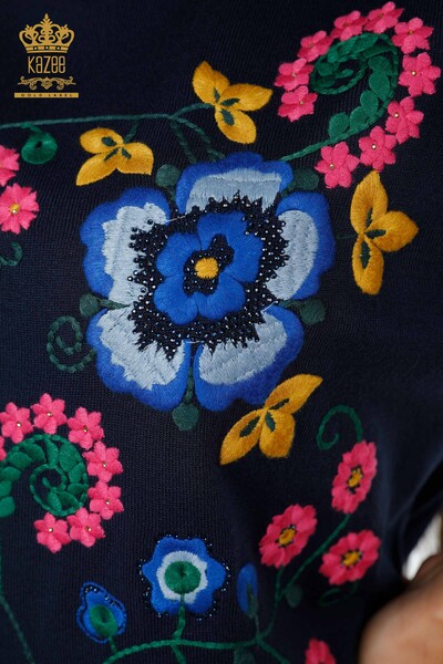 Toptan Bayan Triko Kol Detaylı Çiçek İşlemeli Kısa Kol Taşlı - 16752 | KAZEE - Thumbnail