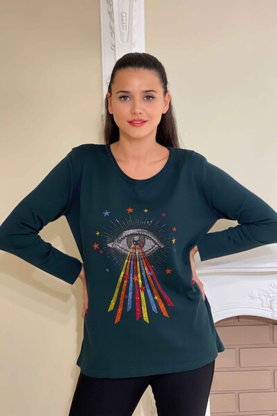 Toptan Bayan Triko Kazak Renkli Desenli Taş İşlemeli - 16047 | KAZEE - Thumbnail