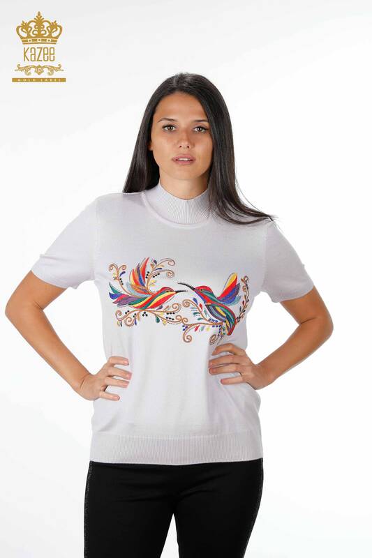 Toptan Bayan Triko Renkli Kuş Desenli Amerikan Model Taşlı - 16690 | KAZEE
