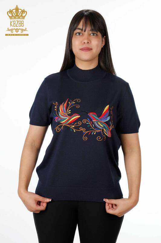 Toptan Bayan Triko Renkli Kuş Desenli Amerikan Model Taşlı - 16690 | KAZEE