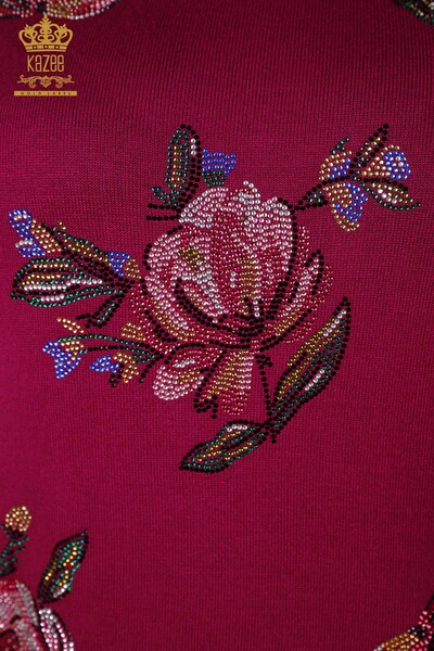 Toptan Bayan Triko Renkli Taş İşlemeli Çiçek Desenli Uzun Kol - 16981 | KAZEE - Thumbnail