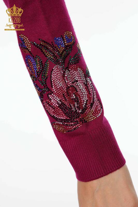 Toptan Bayan Triko Renkli Taş İşlemeli Çiçek Desenli Uzun Kol - 16981 | KAZEE