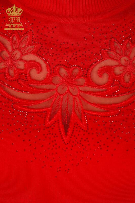 Toptan Bayan Triko Kazak Tül Çiçek Detaylı Taş İşlemeli - 16771 | KAZEE