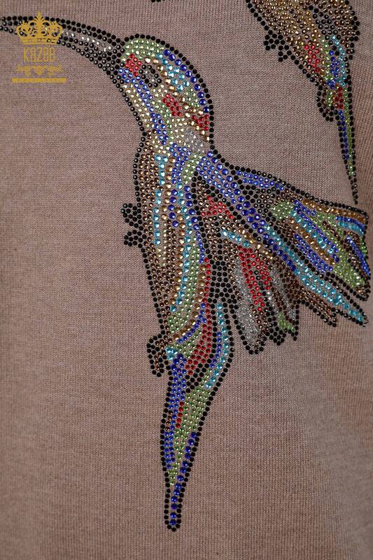 Toptan Bayan Triko Kuş Desenli Balıkçı Yaka Taş İşlemeli - 16459 | KAZEE