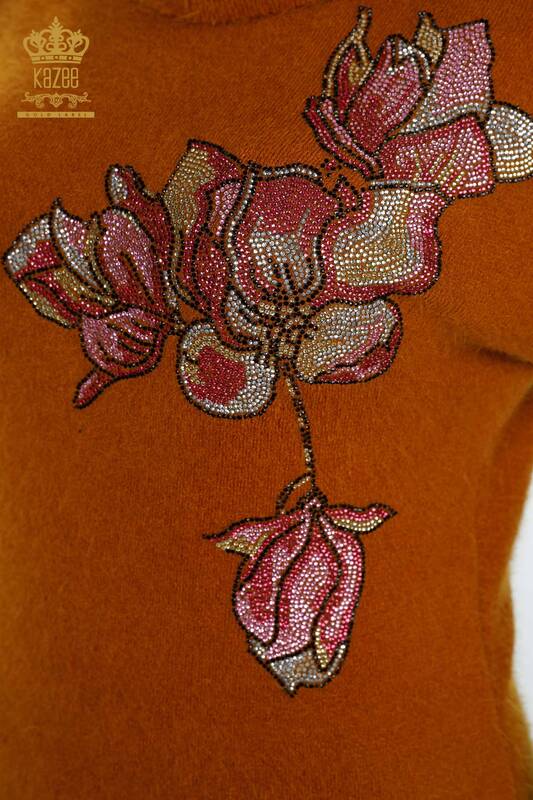Toptan Bayan Triko Tunik Çiçek Desenli Taş İşlemeli - 18887 | KAZEE