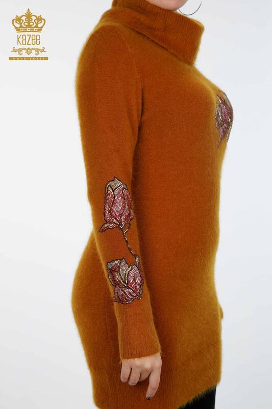 Toptan Bayan Triko Tunik Çiçek Desenli Taş İşlemeli - 18887 | KAZEE