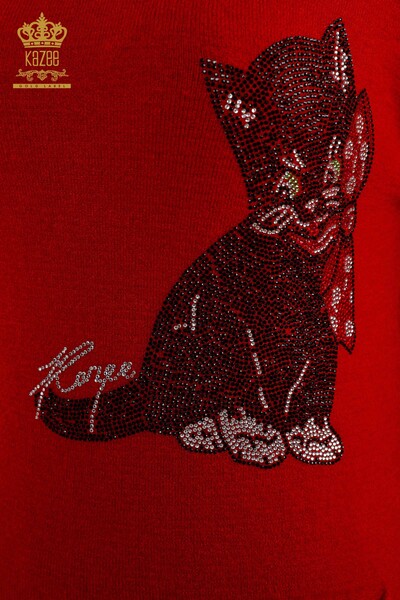 Toptan Bayan Triko Tunik Kedi Desenli Kazee Detaylı Taşlı - 18882 | KAZEE - Thumbnail