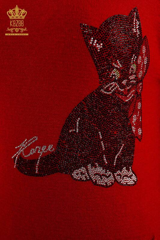Toptan Bayan Triko Tunik Kedi Desenli Kazee Detaylı Taşlı - 18882 | KAZEE