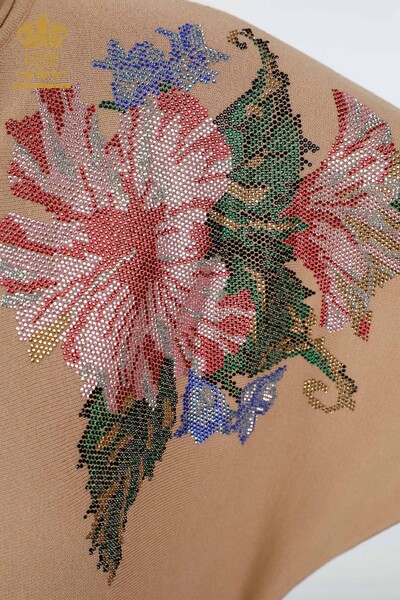 Toptan Bayan Triko Yarasa Kol Çiçek Detaylı Taş İşlemeli - 16190 | KAZEE - Thumbnail