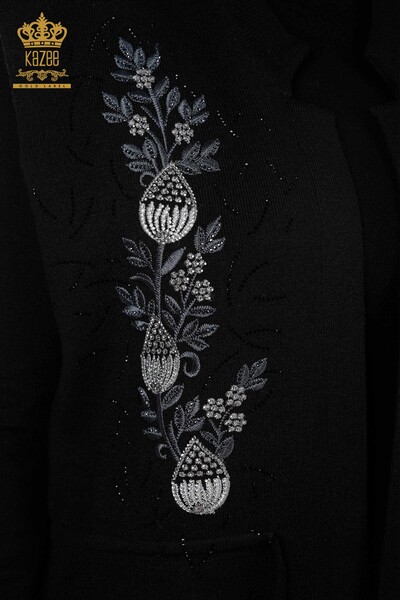 Toptan Bayan Triko Yelek Çiçek Desenli Uzun Taş İşlemeli - 16809 | KAZEE - Thumbnail