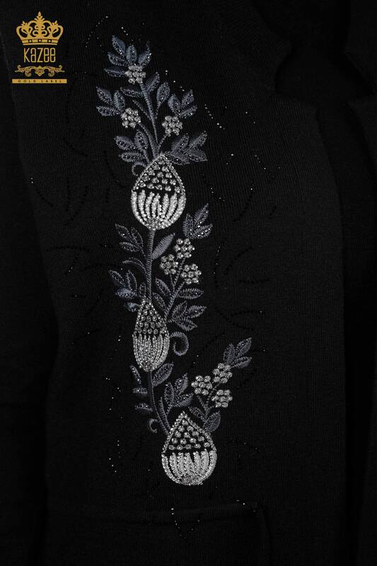 Toptan Bayan Triko Yelek Çiçek Desenli Uzun Taş İşlemeli - 16809 | KAZEE