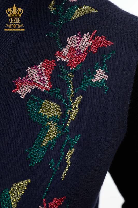 Toptan Bayan Triko Yelek Renkli Çiçek İşlemeli Cepli Uzun - 16844 | KAZEE