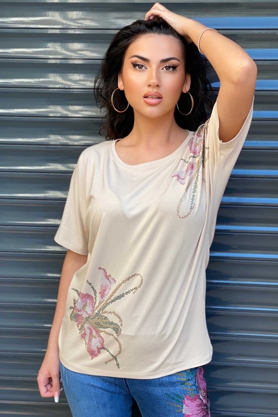 Kazee - Toptan Kadın Bluz Çiçek Desenli Renkli Taş İşlemeli - 77641 | Kazee