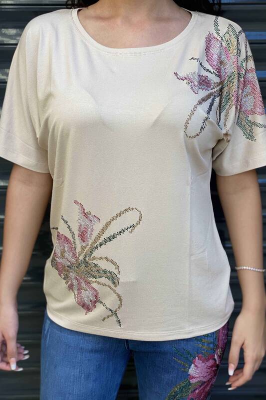 Toptan Kadın Bluz Çiçek Desenli Renkli Taş İşlemeli - 77641 | Kazee