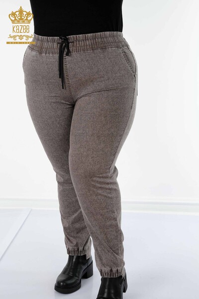 Toptan Kadın Beli Lastikli Pantolon Cepli Kahverengi - 3501 | KAZEE - Thumbnail