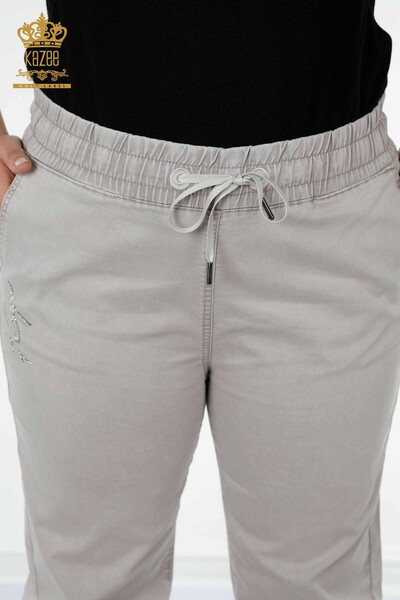 Toptan Kadın Beli Lastikli Pantolon Kazee Yazılı Açık Gri - 3502 | KAZEE - Thumbnail