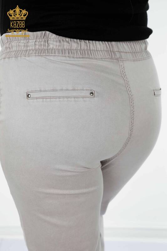 Toptan Kadın Beli Lastikli Pantolon Kazee Yazılı Açık Gri - 3502 | KAZEE