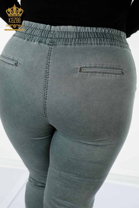 Toptan Kadın Beli Lastikli Pantolon Kazee Yazılı Haki - 3502 | KAZEE