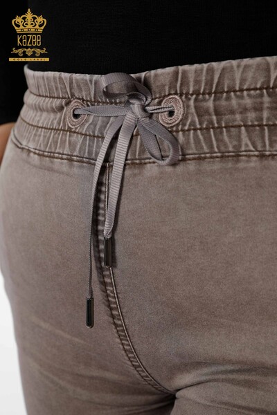 Toptan Kadın Beli Lastikli Pantolon Kazee Yazılı Kahverengi - 3502 | KAZEE - Thumbnail