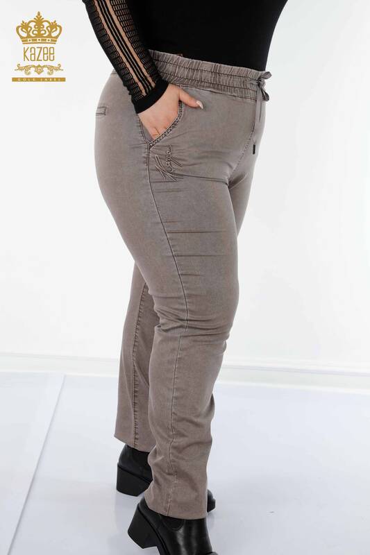 Toptan Kadın Beli Lastikli Pantolon Kazee Yazılı Kahverengi - 3502 | KAZEE
