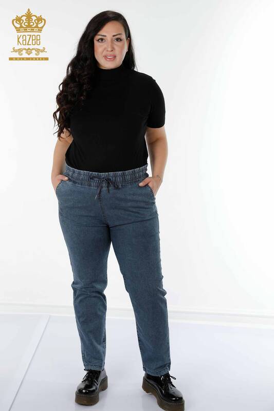 Toptan Kadın Beli Lastikli Pantolon Kazee Yazılı Mavi - 3502 | KAZEE