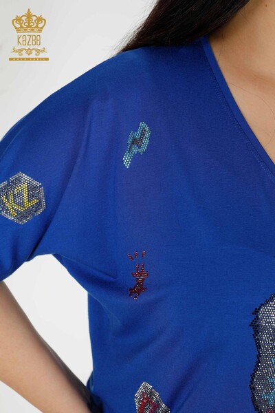 Toptan Kadın Bluz Ayı Desenli Saks - 77666 | KAZEE - Thumbnail