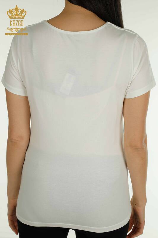 Toptan Kadın Bluz Basic Logolu Ekru - 79190 | KAZEE