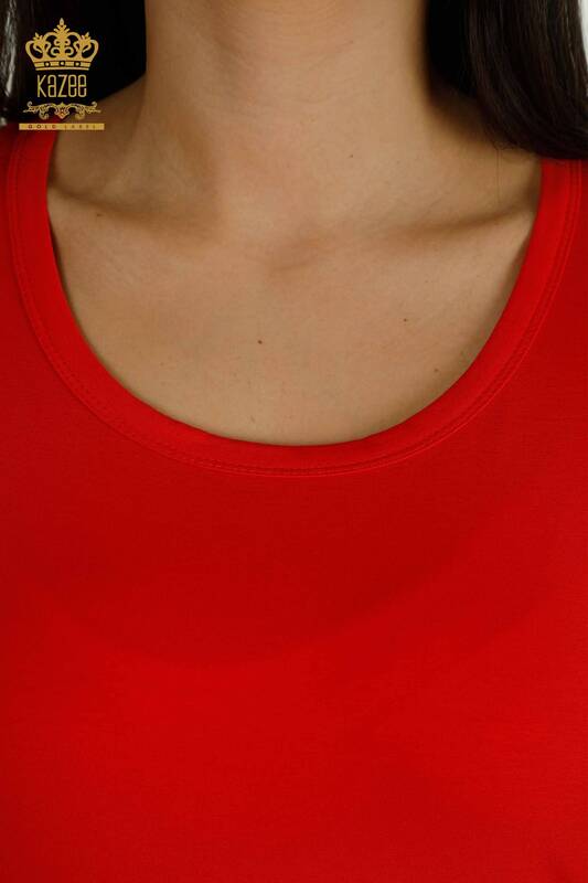 Toptan Kadın Bluz Basic Logolu Kırmızı - 79177 | KAZEE