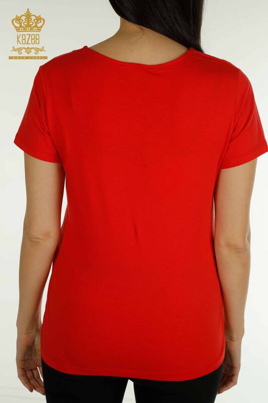 Toptan Kadın Bluz Basic Logolu Kırmızı - 79190 | KAZEE