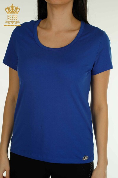 Toptan Kadın Bluz Basic Logolu Saks - 79177 | KAZEE - Thumbnail