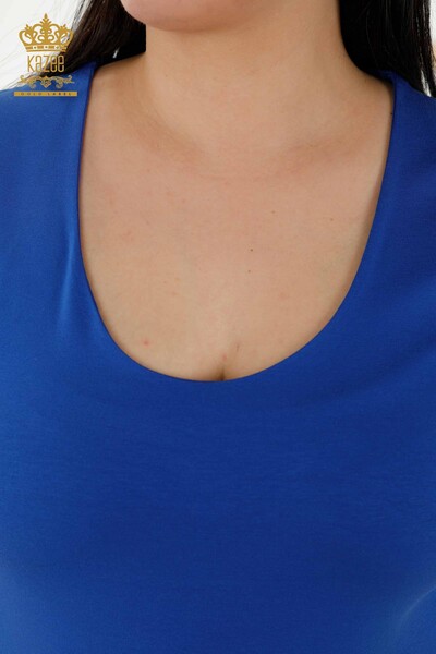 Toptan Kadın Bluz Basic Logolu Saks - 79190 | KAZEE - Thumbnail