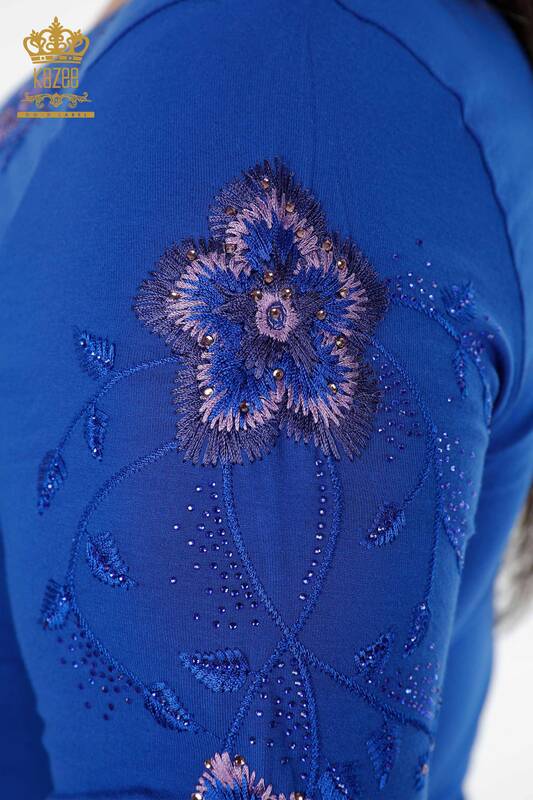 Toptan Kadın Bluz Bisiklet Yaka Çiçek Desenli Taş Nakışlı - 79017 | KAZEE