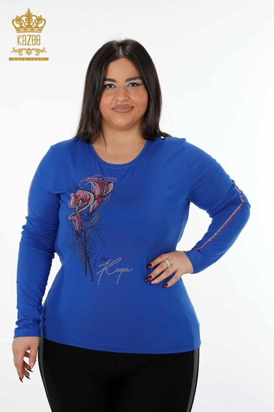 Toptan Kadın Bluz Bisiklet Yaka Kol Şerit Taşlı Gül Desenli - 79023 | KAZEE - Kazee