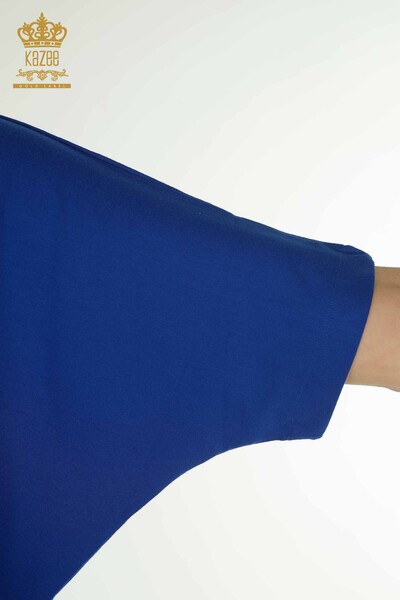 Toptan Kadın Bluz Boncuk İşlemeli Saks - 79196 | KAZEE - Thumbnail