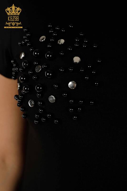 Toptan Kadın Bluz Boncuk İşlemeli Siyah - 79201 | KAZEE