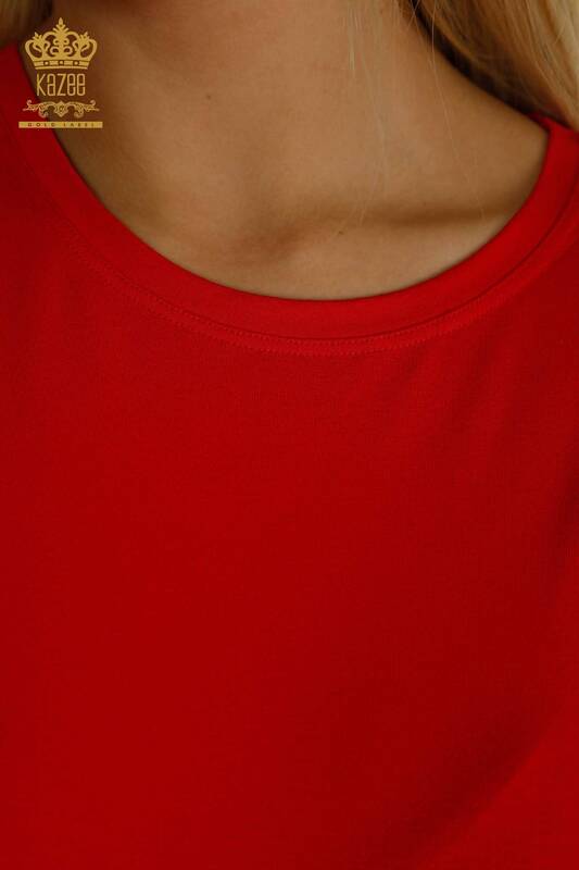 Toptan Kadın Bluz Boncuk Taş İşlemeli Kırmızı - 79199 | KAZEE