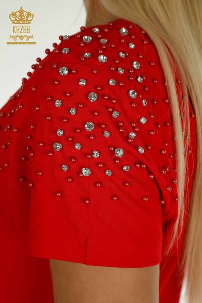 Toptan Kadın Bluz Boncuk Taş İşlemeli Kırmızı - 79199 | KAZEE - Thumbnail
