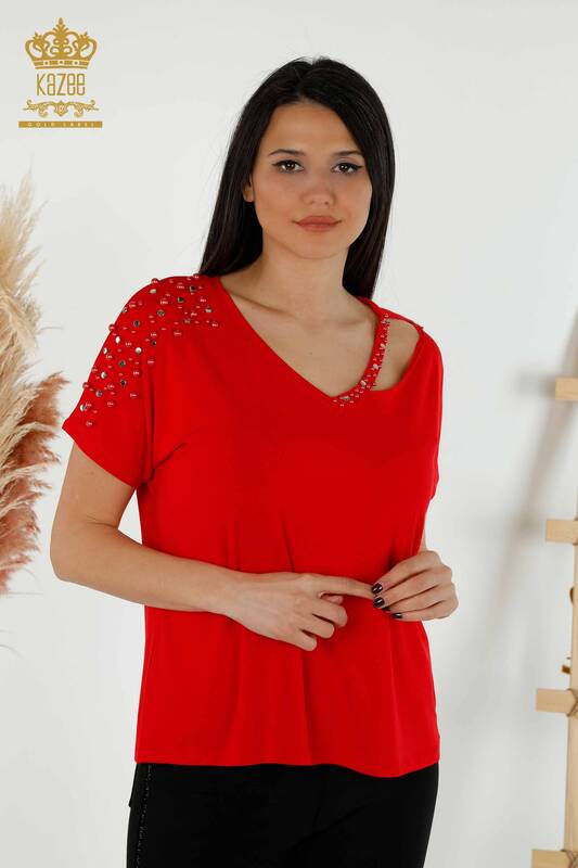 Toptan Kadın Bluz Boncuk Taş İşlemeli Kırmızı - 79200 | KAZEE