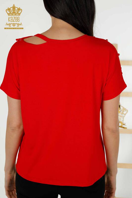 Toptan Kadın Bluz Boncuk Taş İşlemeli Kırmızı - 79200 | KAZEE