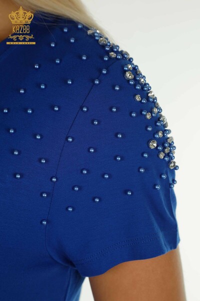Toptan Kadın Bluz Boncuk Taş İşlemeli Saks - 79199 | KAZEE - Thumbnail