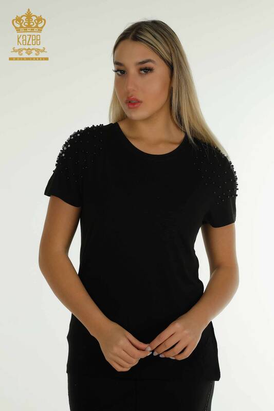 Toptan Kadın Bluz Boncuk Taş İşlemeli Siyah - 79199 | KAZEE
